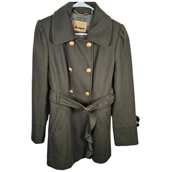 Women's Large Guess Red Wool Blend Long Trench Pea Coat Double-Breasted Military - Picture 1 of 12